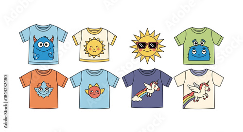 Eight tshirts featuring a monster sun and unicorns are arranged in two rows on a white background