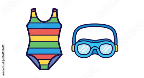 Colorful swimsuit and blue swim goggles on a white background