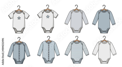 Eight baby bodysuits on hangers showcasing various styles  sleeve lengths