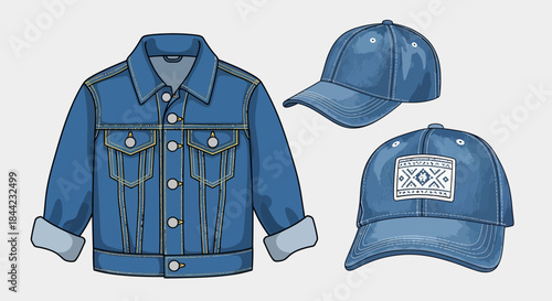 Denim jacket two caps one plain one with a pattern on a white background