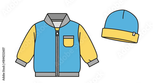 Jacket and hat are both light blue with yellow trim The jacket has a zipper a small pocket and gray trim