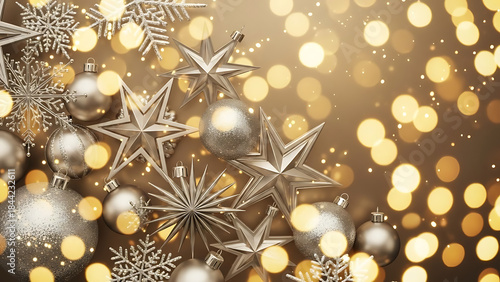 Golden Christmas ornaments and bokeh lights, a festive and elegant holiday decoration background