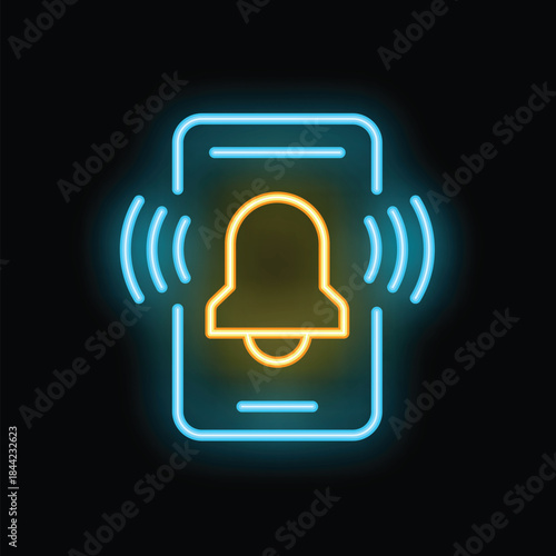 Neon smartphone showing notification bell ringing with sound waves on a black background