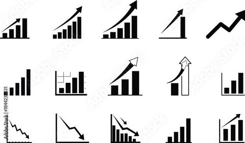 Collection of black silhouette growth chart and graph icons
