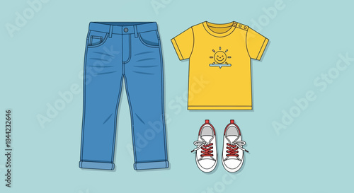 Delightful illustration of a cheerful child's everyday apparel, showcasing blue denim pants, a bright yellow sun-themed top, and classic athletic shoes for a comfortable and playful look