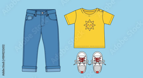Outfit jeans yellow shirt with sun and sneakers on a light blue background