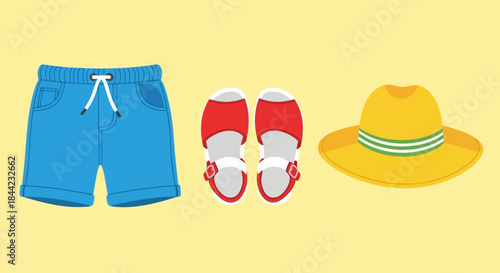 Outfit of blue shorts red sandals and a yellow hat laid flat on a yellow surface