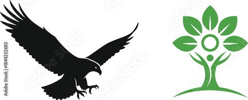 Eagle silhouette and eco tree logo illustration set, contrasting nature and freedom symbols vector for branding, environmental identity and modern logo design