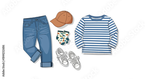 Outfitted clothing jeans hat socks shoes  a striped longsleeve shirt