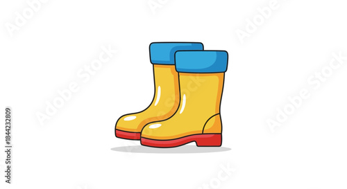 Two cartoon rubber boots are sidebyside yellow uppers blue trim red soles