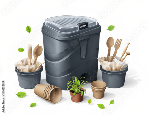 Isolated set of gardening tools, plants, and flowers in pots and a watering can on white