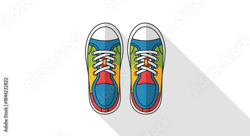 Two colorful sneakers are seen from above detailed with laces and shadow