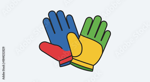 Two gloves each different colors overlap slightly one bluered and the other yellowgreen