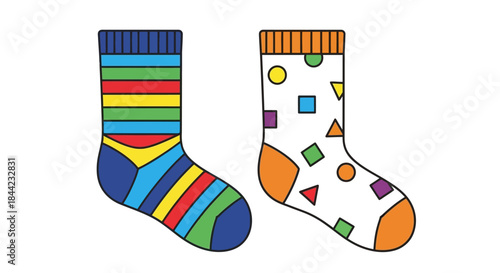 Two colorful socks one striped and one with geometric shapes stand side by side