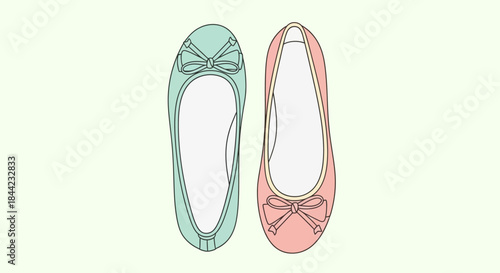 Two flat shoes one teal with a bow one pink with a bow positioned side by side against a light background