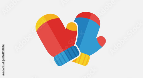 Two mittens one red  blue the other blue  red are overlapping each with yellow  blue accents