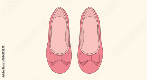 Two pink ballet flats each with a bow placed sidebyside on a light beige background