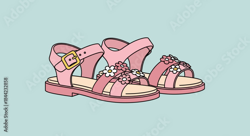Two pink cartoon sandals one with flowers against a light blue background