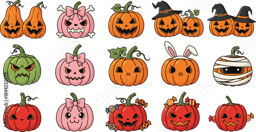 Cute Halloween pumpkin character illustration set with spooky jack o lantern faces, playful cartoon vector collection for fall holiday, kids and festive design