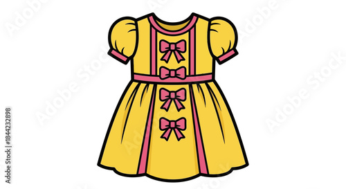Yellow dress with pink bows  trim puff sleeves and flared skirt on a white background