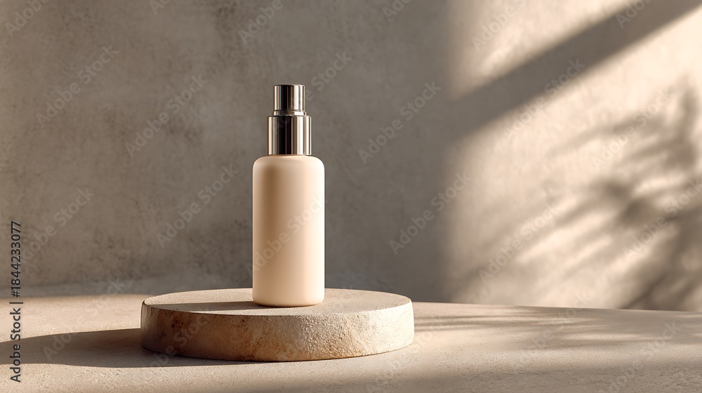 Obraz premium Single Skincare Lotion Bottle on Soft Concrete Tabletop with Subtle Shadow and Light Grey Background for E-Commerce Product Listings
