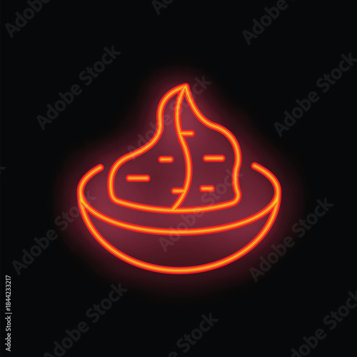 Neon sign illuminating a steaming bowl of modak, traditional indian dumplings