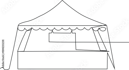  Line drawing of a canopy tent or pop-up tent, often used for outdoor events like craft fairs or markets. Continuous single line drawing of booth or stall,also it provide shade or shelter from weather