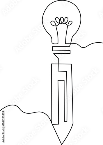 Continuous line drawing of a pencil that seamlessly transforms into a light bulb. Concept of creativity and problem-solving. Bright idea. creative thinking emerging from the process of writing & drwng