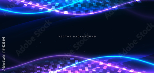 Blue and purple neon wave lines glowing with square pattern decor on dark background.