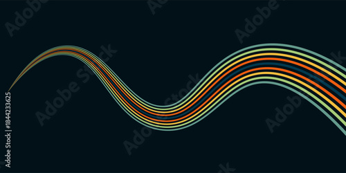 Abstract colorful 70s background vector. Vintage retro wallpaper with rainbow stripes and wavy lines. A 1970 color illustration suitable for posters, banners, decorative items and wall art.