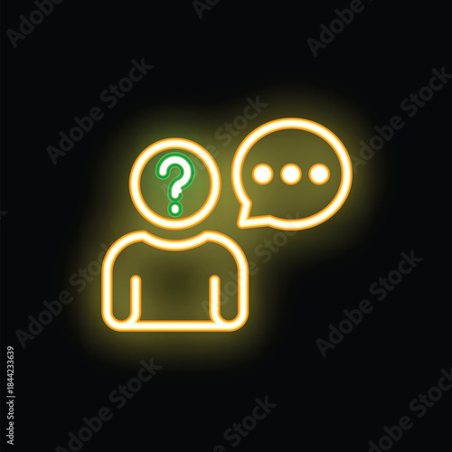Neon style icon of a person with a question mark inside their head and a speech bubble