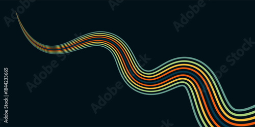 Abstract colorful 70s background vector. Vintage retro wallpaper with rainbow stripes and wavy lines. A 1970 color illustration suitable for posters, banners, decorative items and wall art.