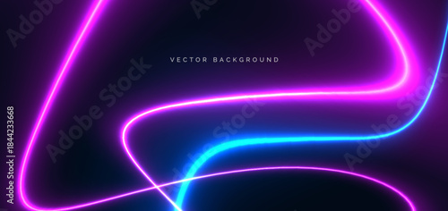 Blue and pink neon curve ray glowing on dark background. Technology futuristic lighting effect concept.