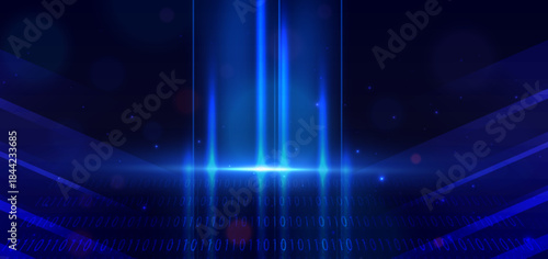 Abstract digital data binary code diagonal on blue background with light effect.