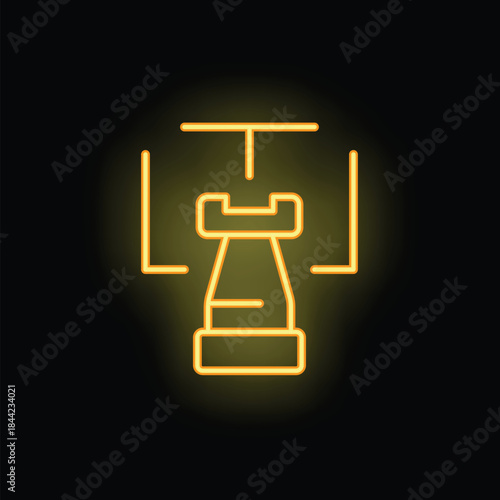 Yellow neon icon of a chess rook piece is glowing on a dark background
