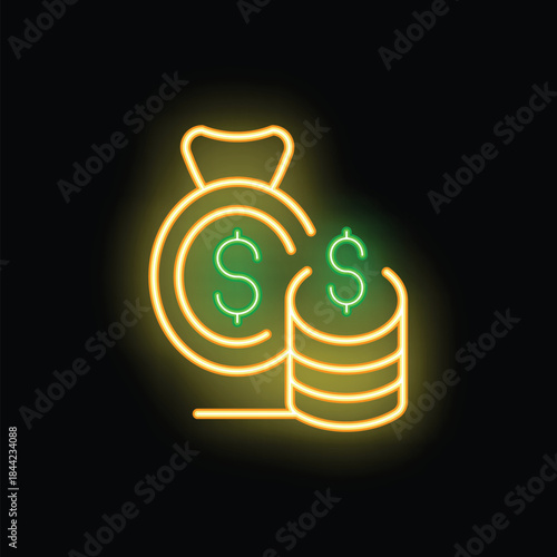 Glowing neon sign depicting a money bag next to a stack of dollar coins, symbolizing savings and wealth