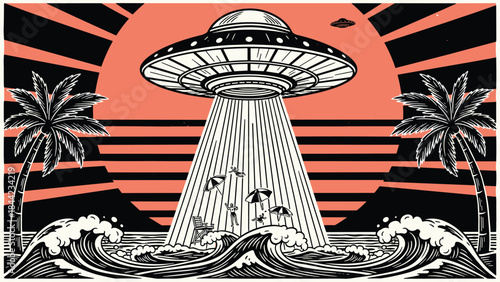 Retro black and white vector illustration of a UFO abducting people, beach chairs, and palm trees over crashing ocean waves with a striped sunset background.