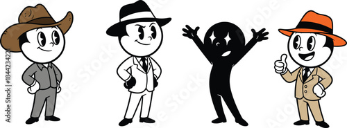 Set of four retro rubber hose style cartoon characters, including businessmen, a cowboy, and a silhouette figure, standing in various poses with vintage accessories in vector.