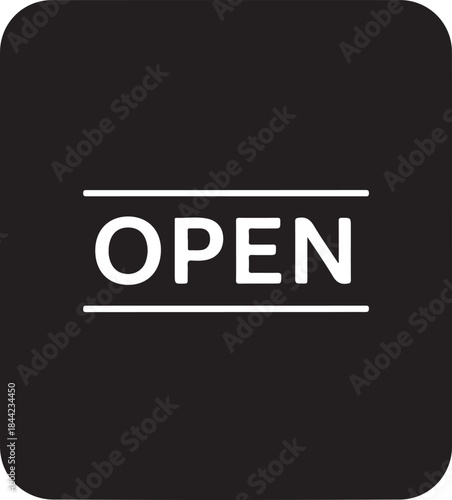 A simple, minimalist black and white graphic icon featuring the word 'OPEN' in bold, sans-serif capital letters, enclosed within a horizontal rectangular frame, signifying availability and welcome