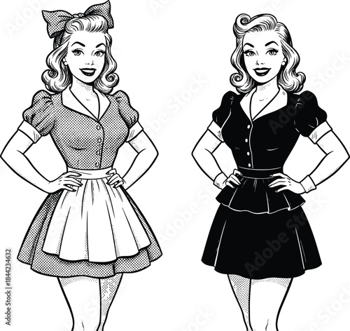 Two black-and-white retro pin-up style illustrations of smiling women wearing classic maid uniforms, short skirts, and aprons with vintage 1950s hairstyles and bows.