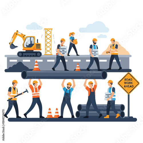 Construction workers installing pipeline on road.