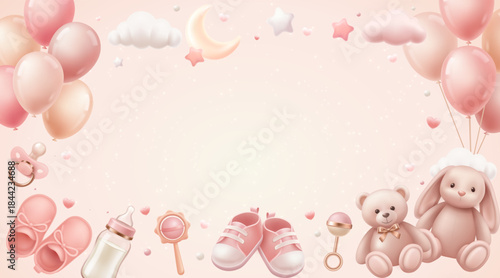 Playful Baby New Arrival Background with Floating Toys and Balloons