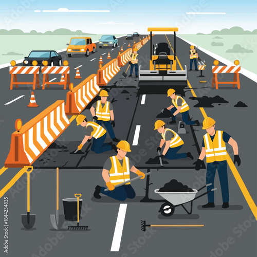 Road construction workers repairing asphalt highway.