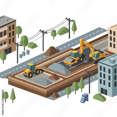 Construction Site with Heavy Machinery on Road.