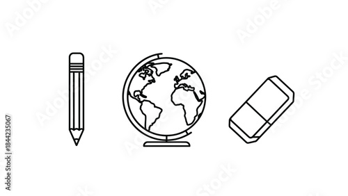 Simple black line icons representing common school supplies