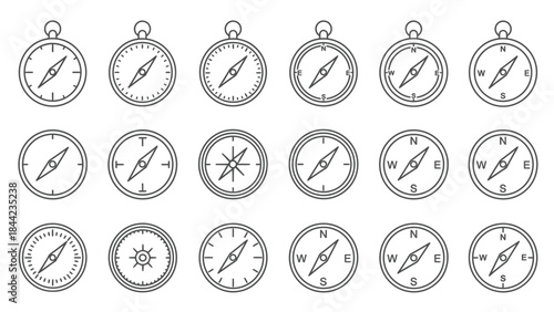 Set of eighteen black and white line art icons showing navigation compasses