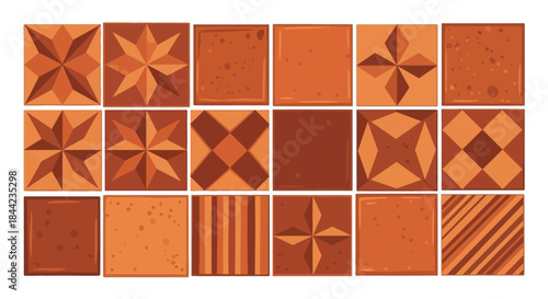 Rows of square tiles displaying varied patterns shades of brown and slight texture