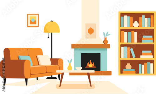 Cozy living room illustration with orange sofa fireplace and yellow bookshelf
