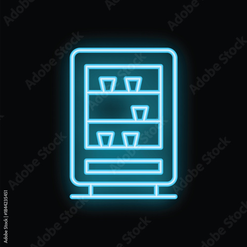 Neon icon of vending machine displaying snacks and drinks on black background