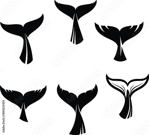 Set of six distinct black whale or mythical mermaid tail silhouettes, or flukes, in various shapes and designs, ideal for nautical and ocean themed vector graphics.